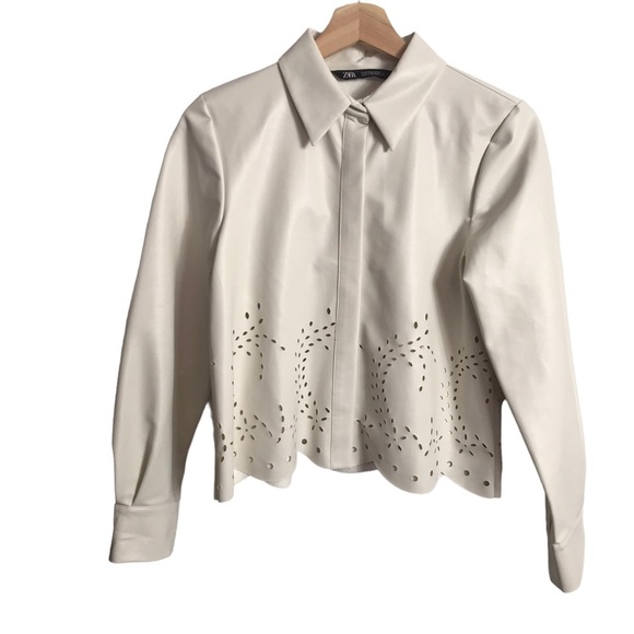 ZARA Ecru Natural Soft Faux Leather Collared Cutout Overshirt Top Small - Picture 1 of 8
